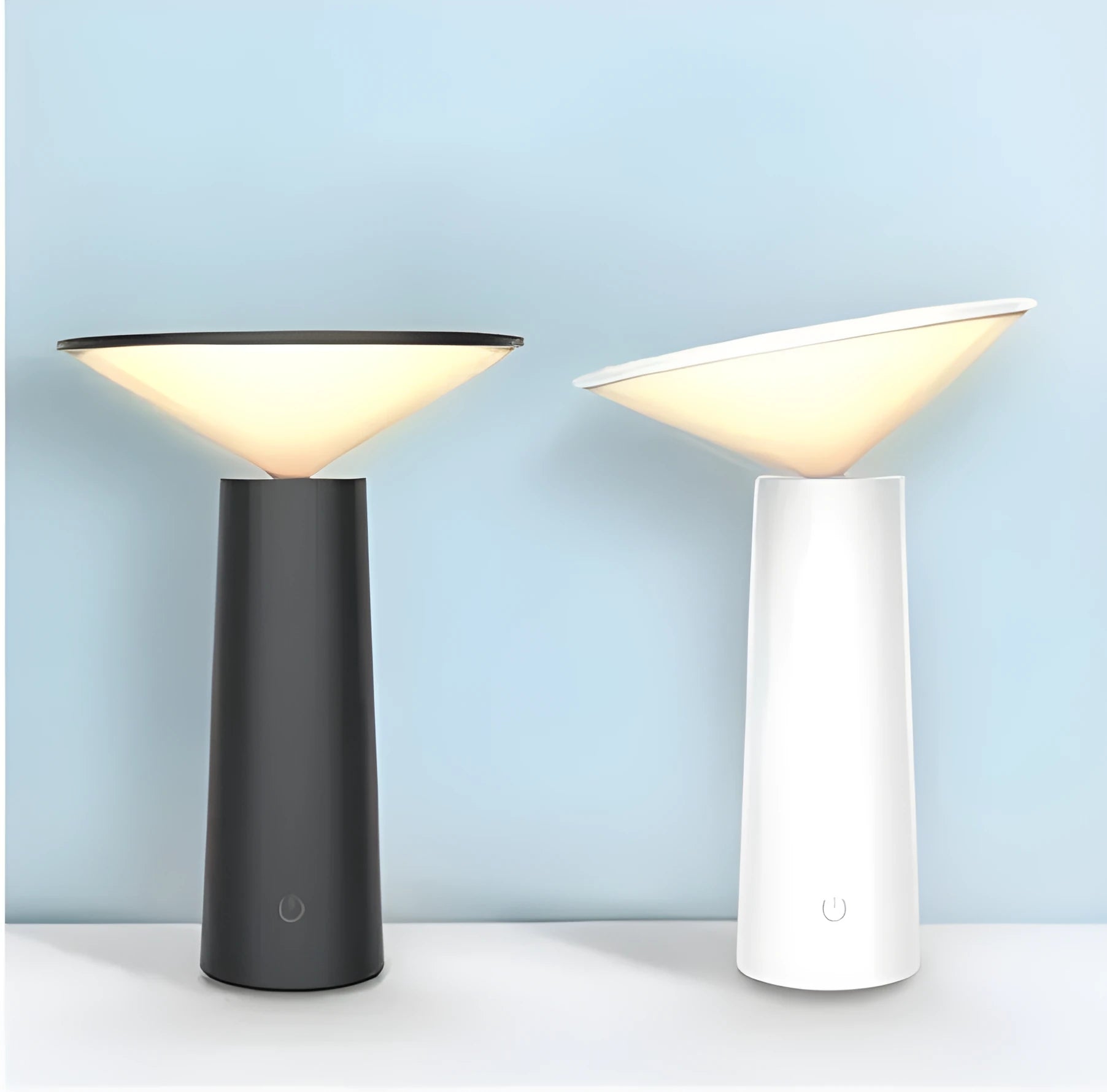 Black USB rechargeable table lamp with touch sensor and adjustable LED reading light head on a desk.