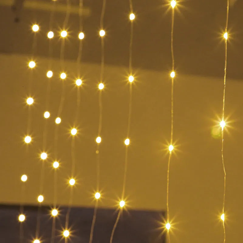 Copper curtain fairy lights with USB plug, shown in blue, purple, and white colour options.