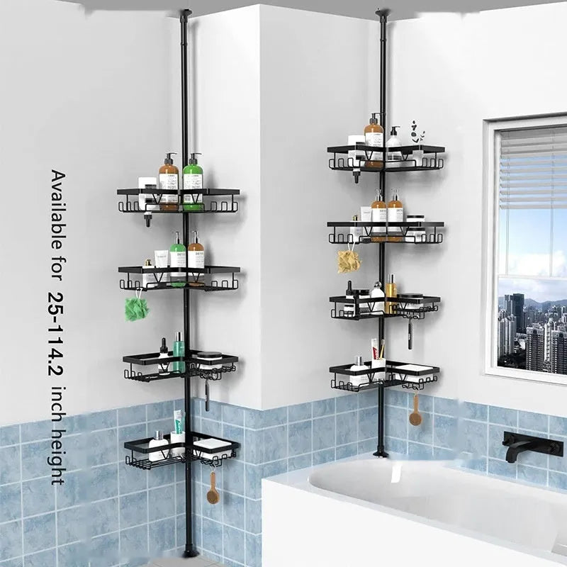 Modern stainless steel bathroom storage rack with four retractable shelves and hole-free wall mounting