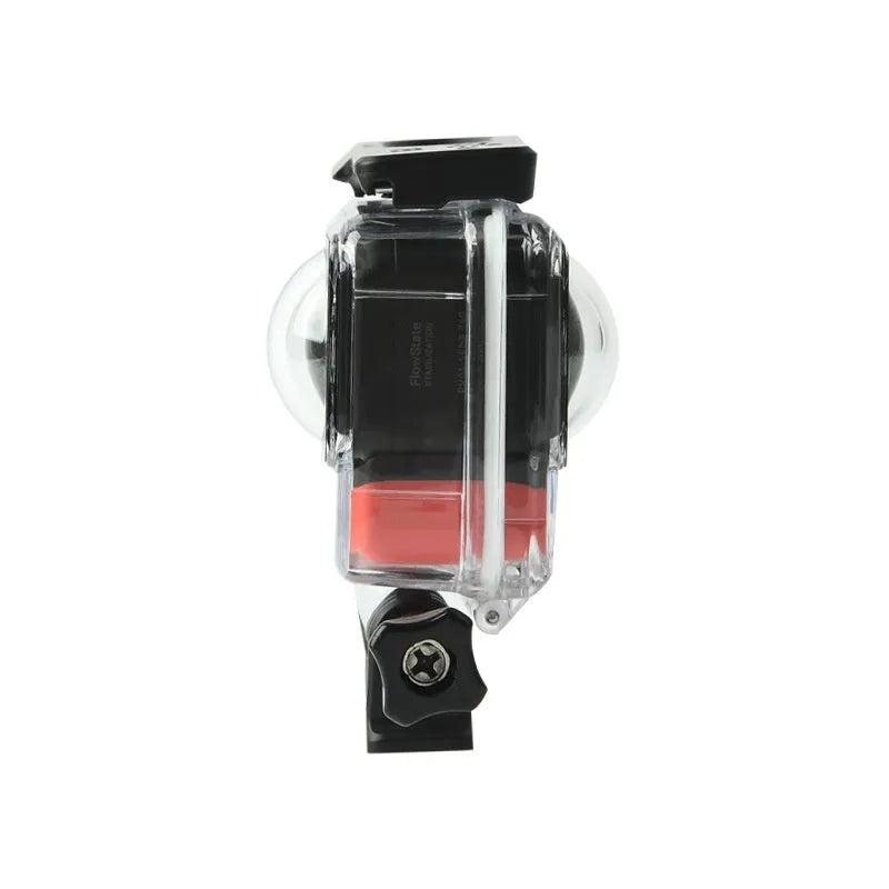 Transparent waterproof housing for Insta360 One RS camera showing dimensions 9x8x4.5cm