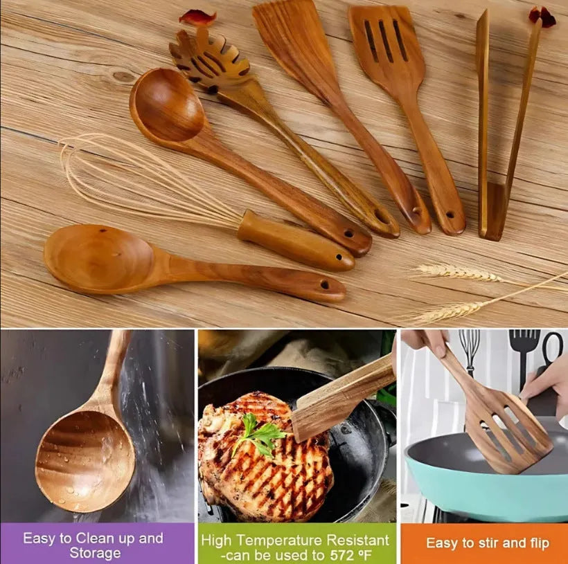 Seven wooden cooking utensils including spoons and shovels for non-stick pan protection