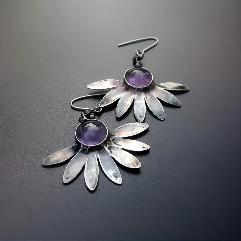 Purple resin gemstone drop earrings with retro bohemian animal design on alloy base