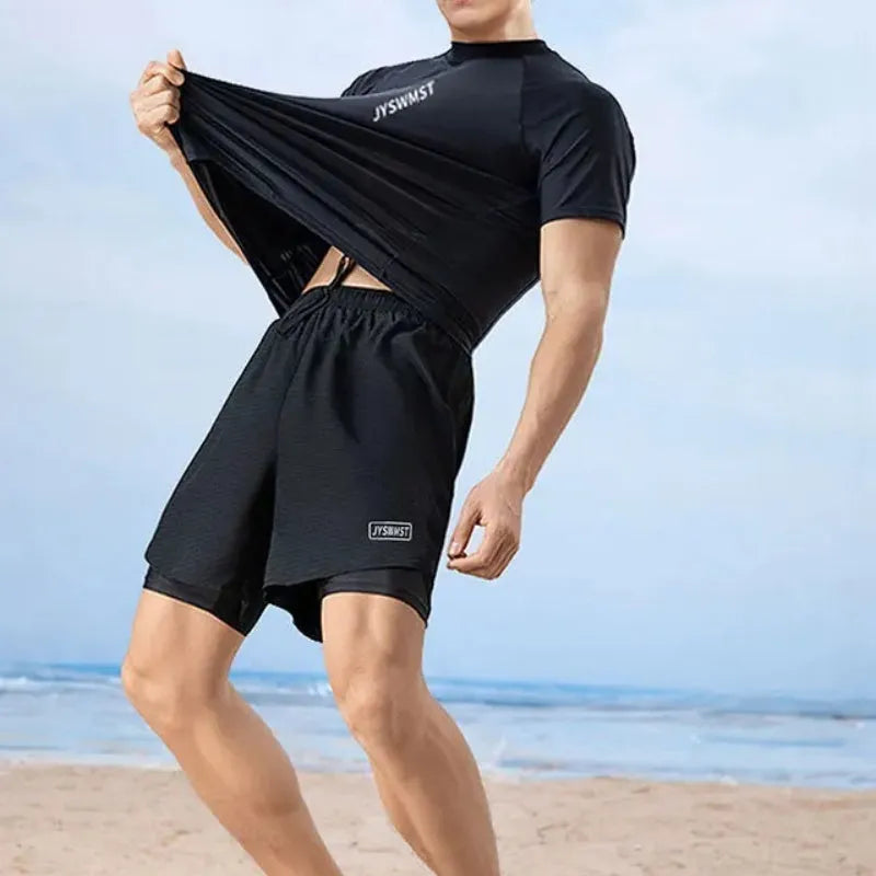Men's plus size polyester swimsuit set with top and trunks on mannequin.