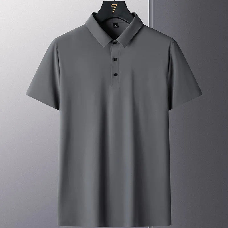 Men's solid colour short sleeve non-ironing business shirt on a hanger.