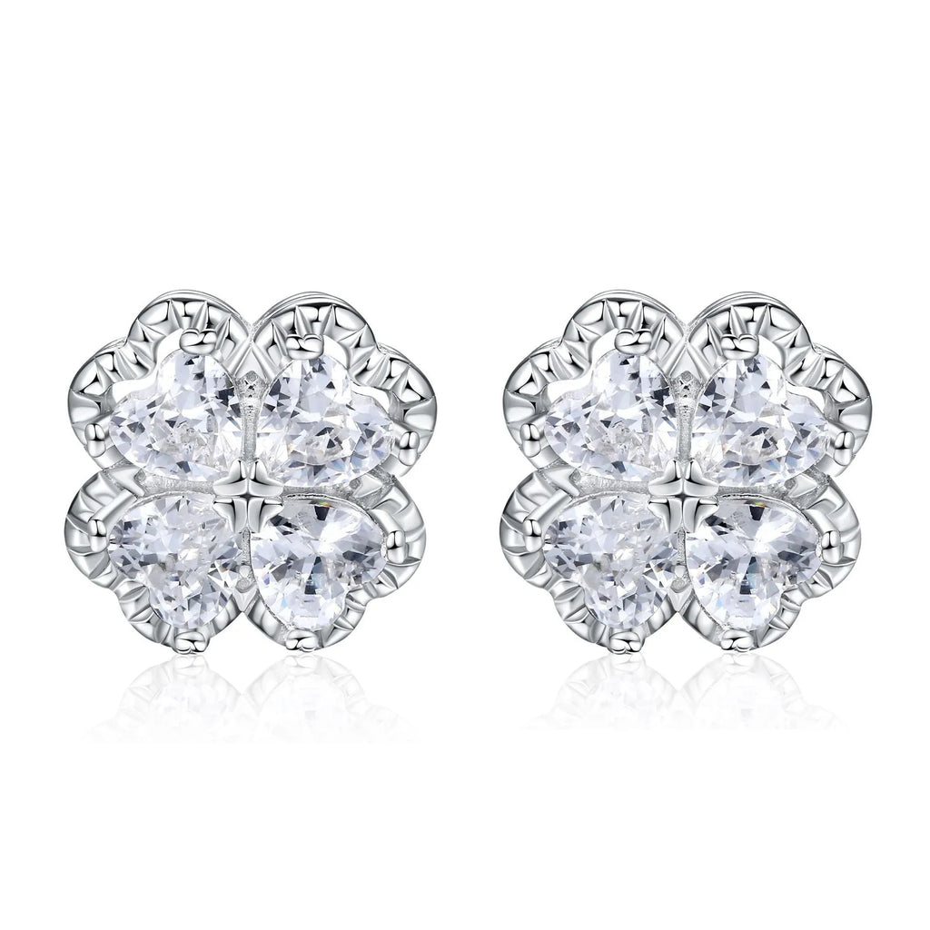 Women's 925 silver zircon earrings with four-leaf clover and heart design in white gold colour