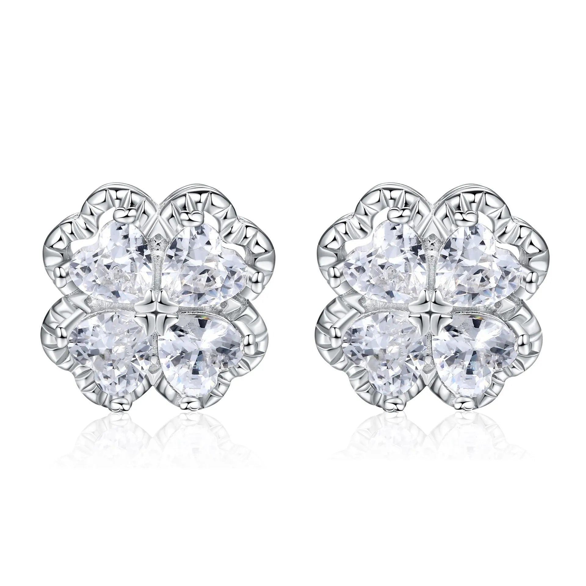 Women's 925 silver zircon earrings with four-leaf clover and heart design in white gold colour