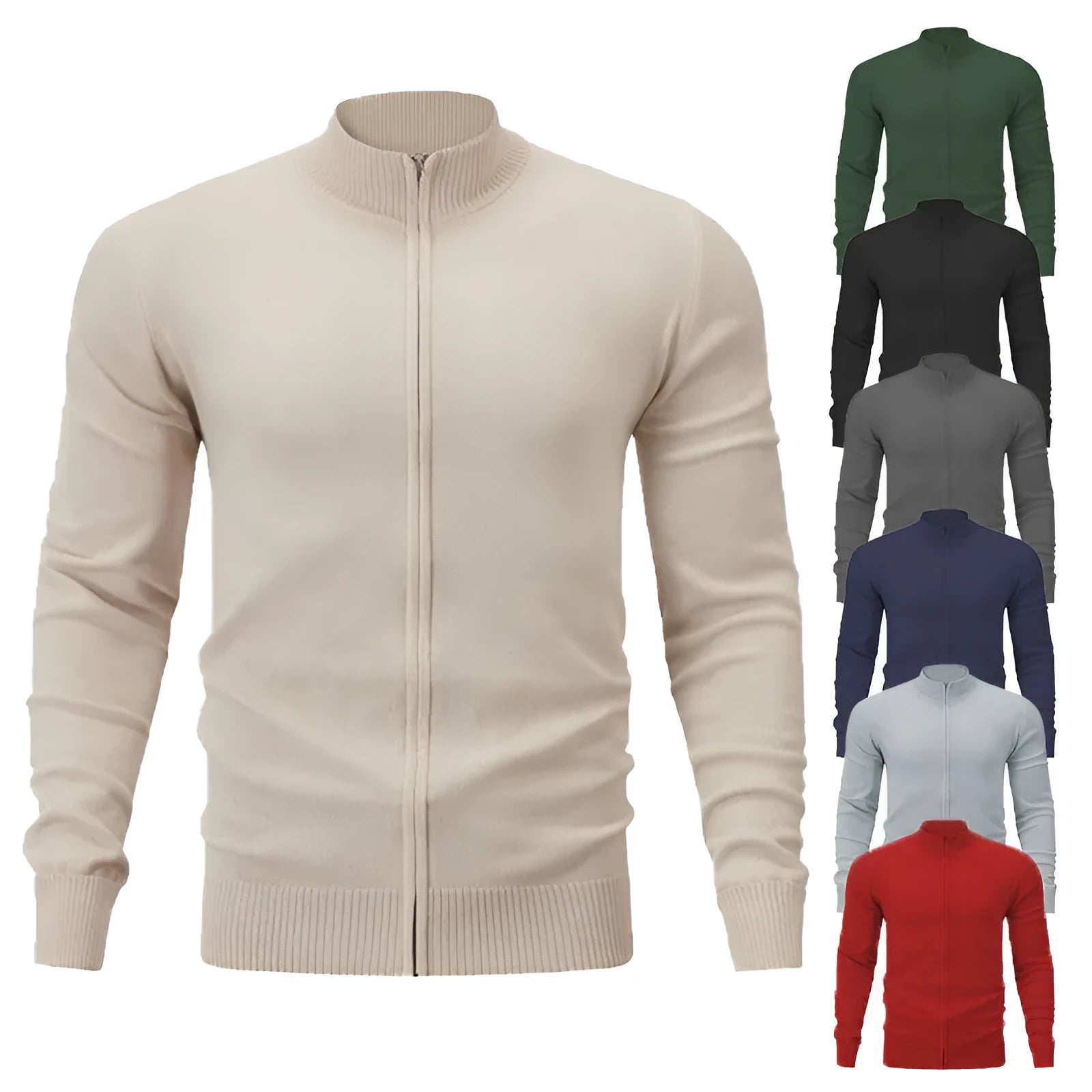 A man's casual cotton zip-up hoodie with a stand collar, shown in a solid colour on a hanger.