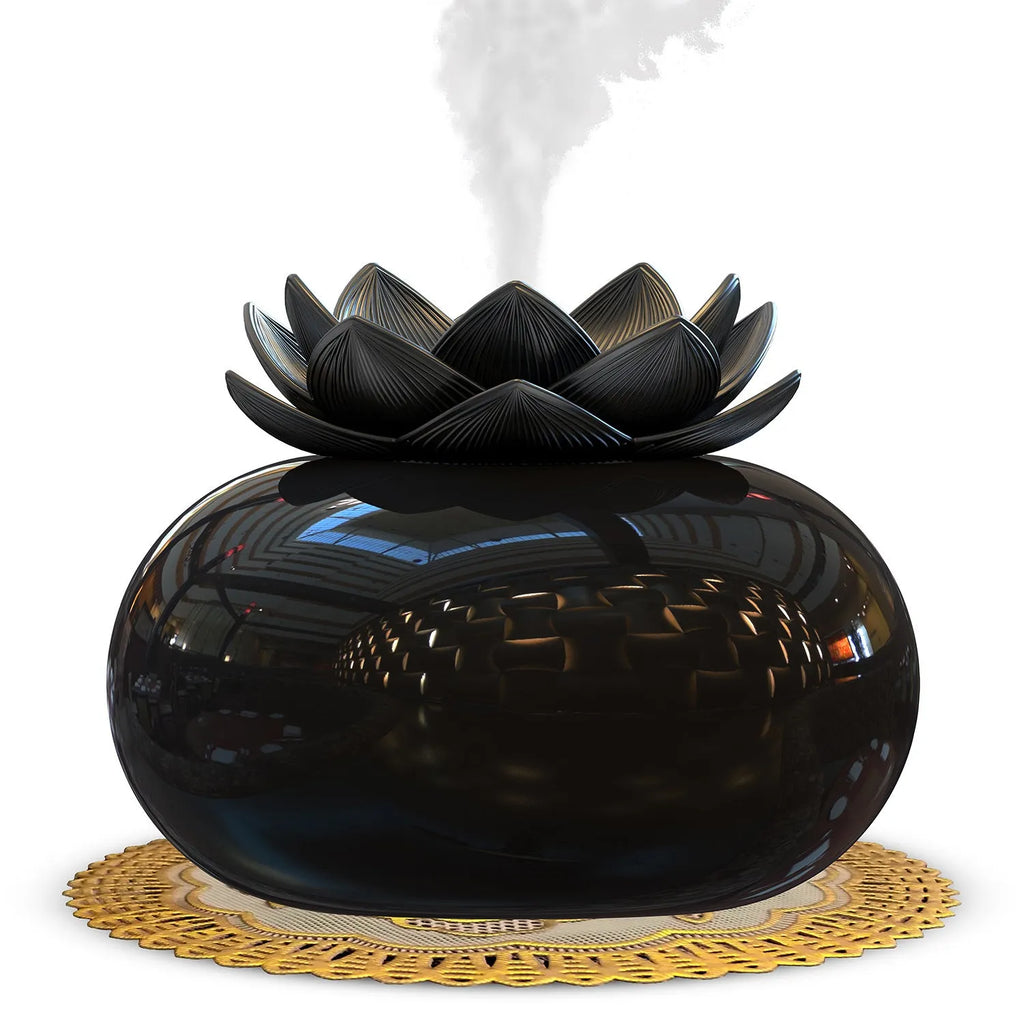 Pure black lotus-shaped ultrasonic humidifier with USB cable and single mist outlet