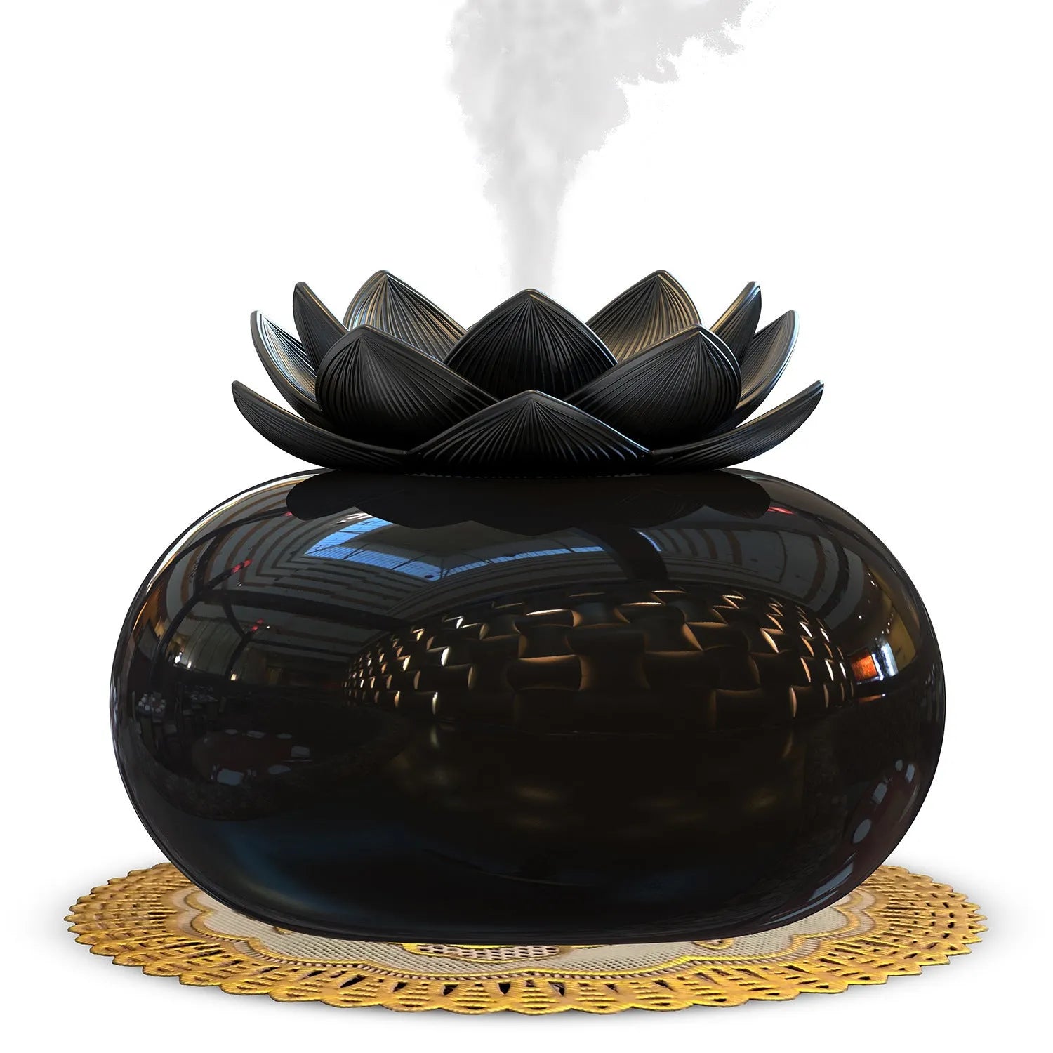 Pure black lotus-shaped ultrasonic humidifier with USB cable and single mist outlet