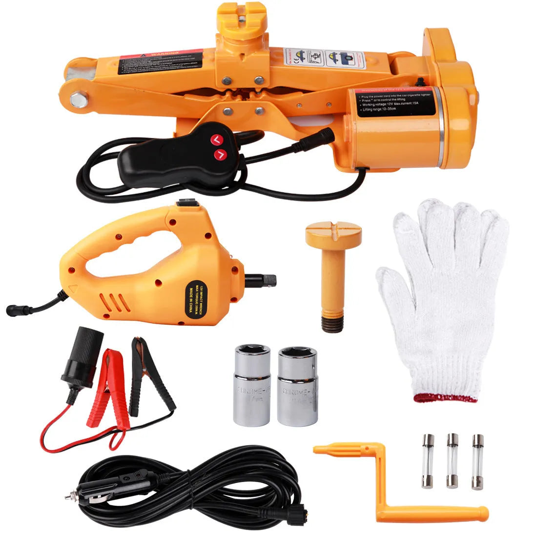 Yellow steel 12V electric car jack and wrench set for powered vehicle lifting and wheel nut removal.