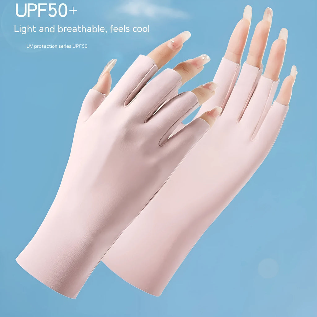 Women's thin nylon sunscreen gloves with UPF50 protection and ice silk cooling in various colours