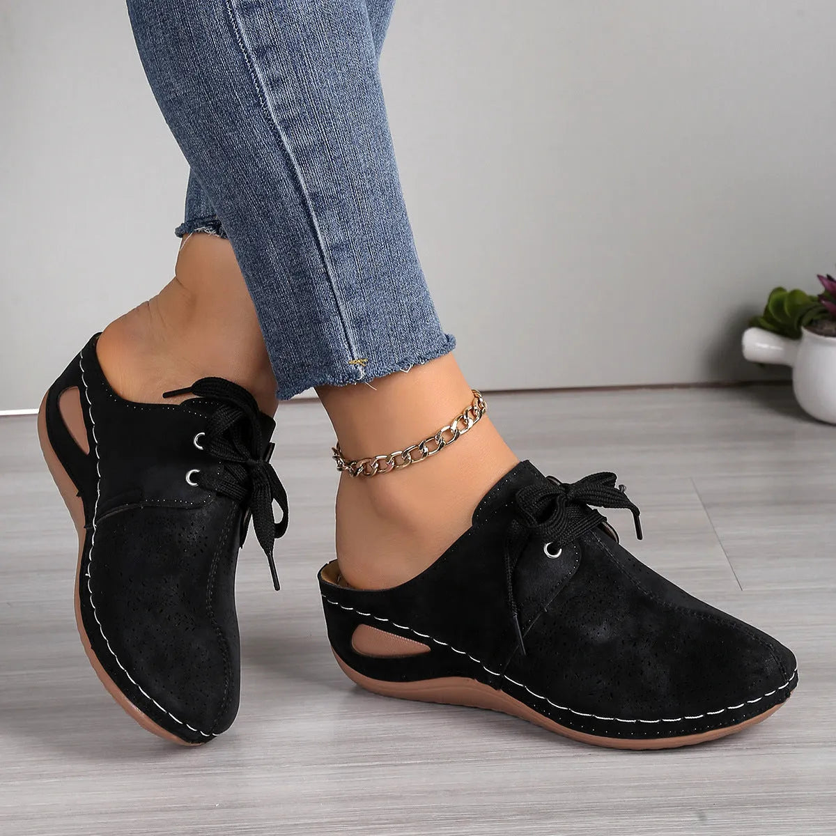 Women's summer wedge slippers with suede upper, lace-up design, and rubber sole in light grey.