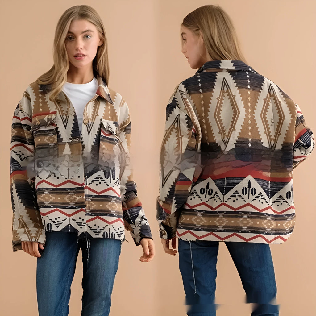 Women's loose-fit retro wool coat with Aztec print in army green.