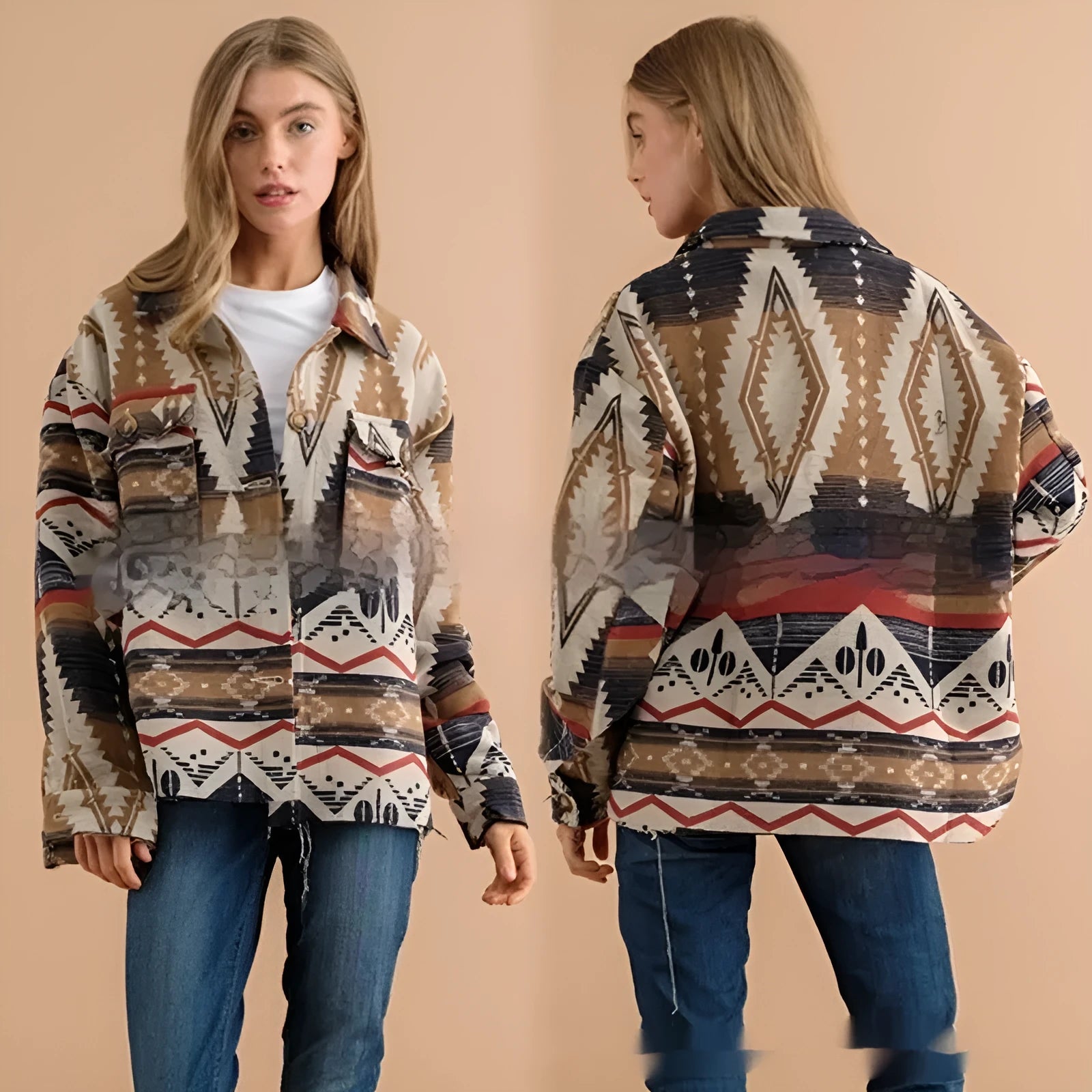 Women's loose-fit retro wool coat with Aztec print in army green.