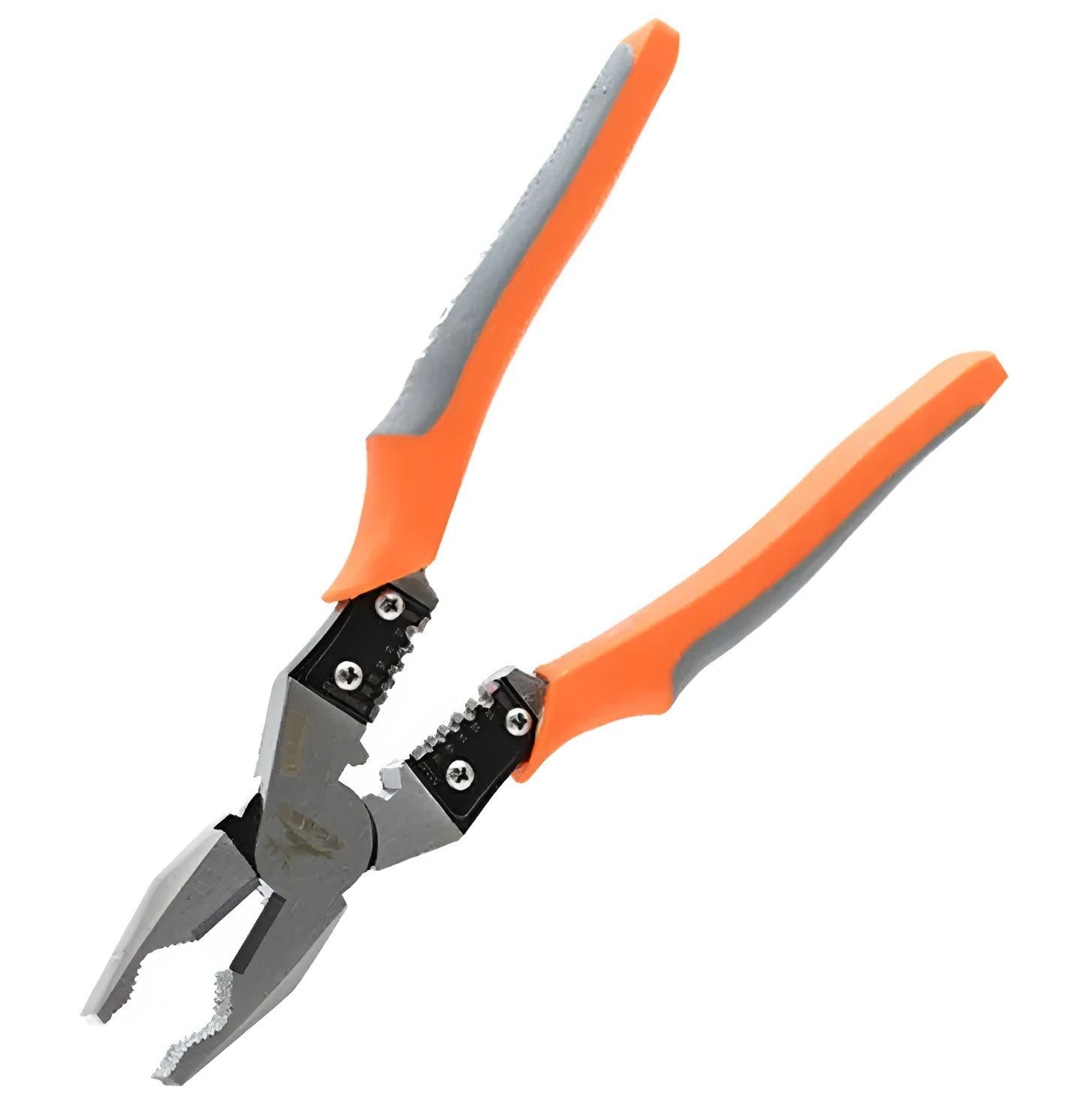 Orange multi-function wire cutter pliers with plastic handles and alloy steel jaws.