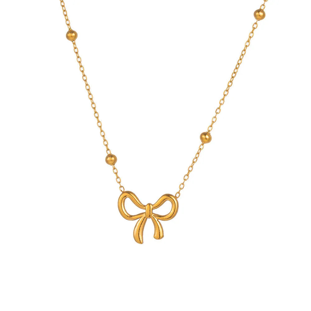 Gold bow necklace with cross chain design adjustable 41-50cm length titanium steel women's fashion jewellery