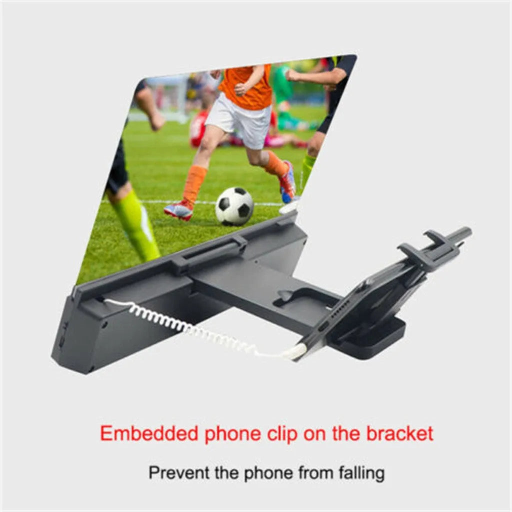 12-inch mobile phone screen amplifier with flexible gooseneck stand and speaker on a table