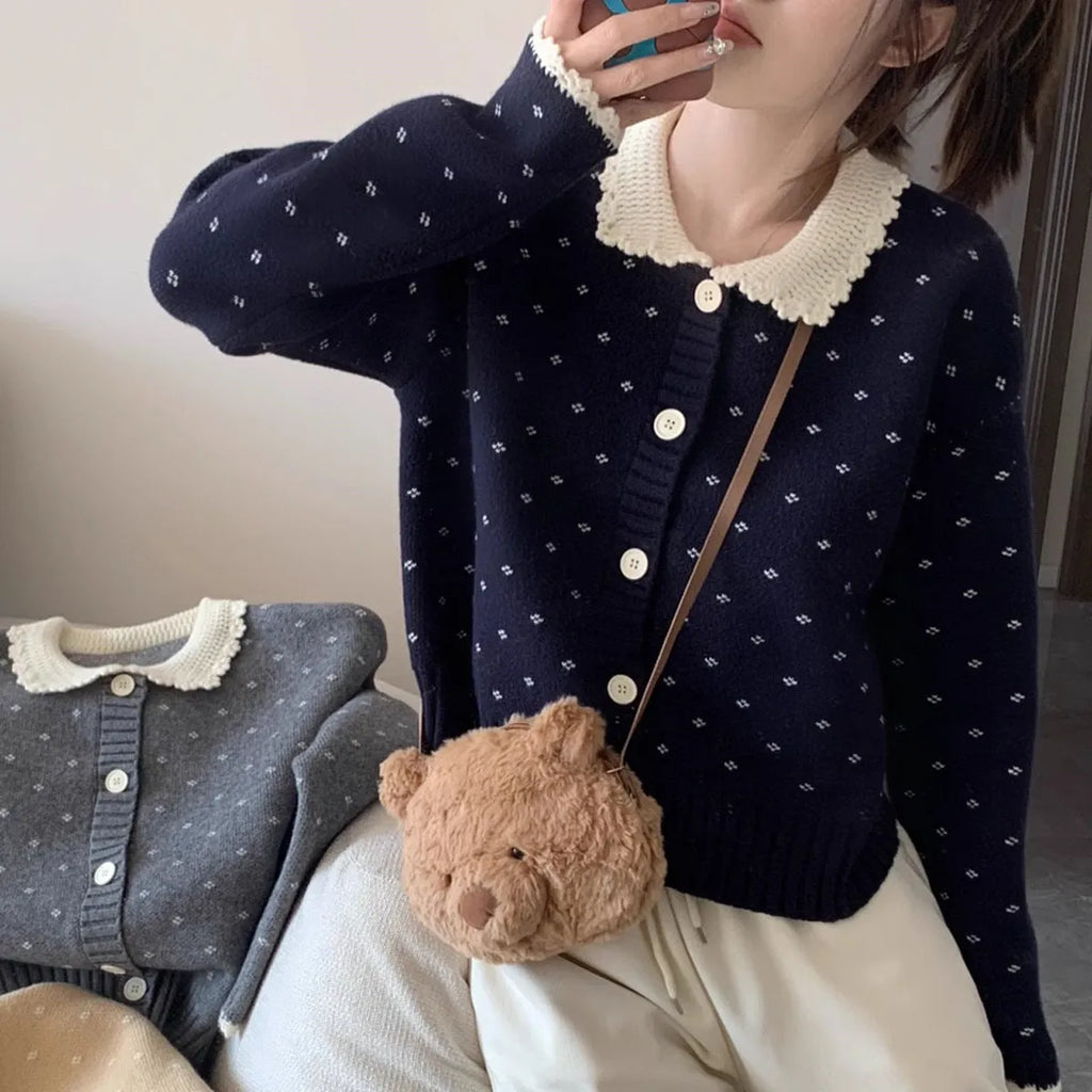 Cashmere knit cardigan with Peter Pan collar and floral embroidery in navy blue, apricot, grey colours