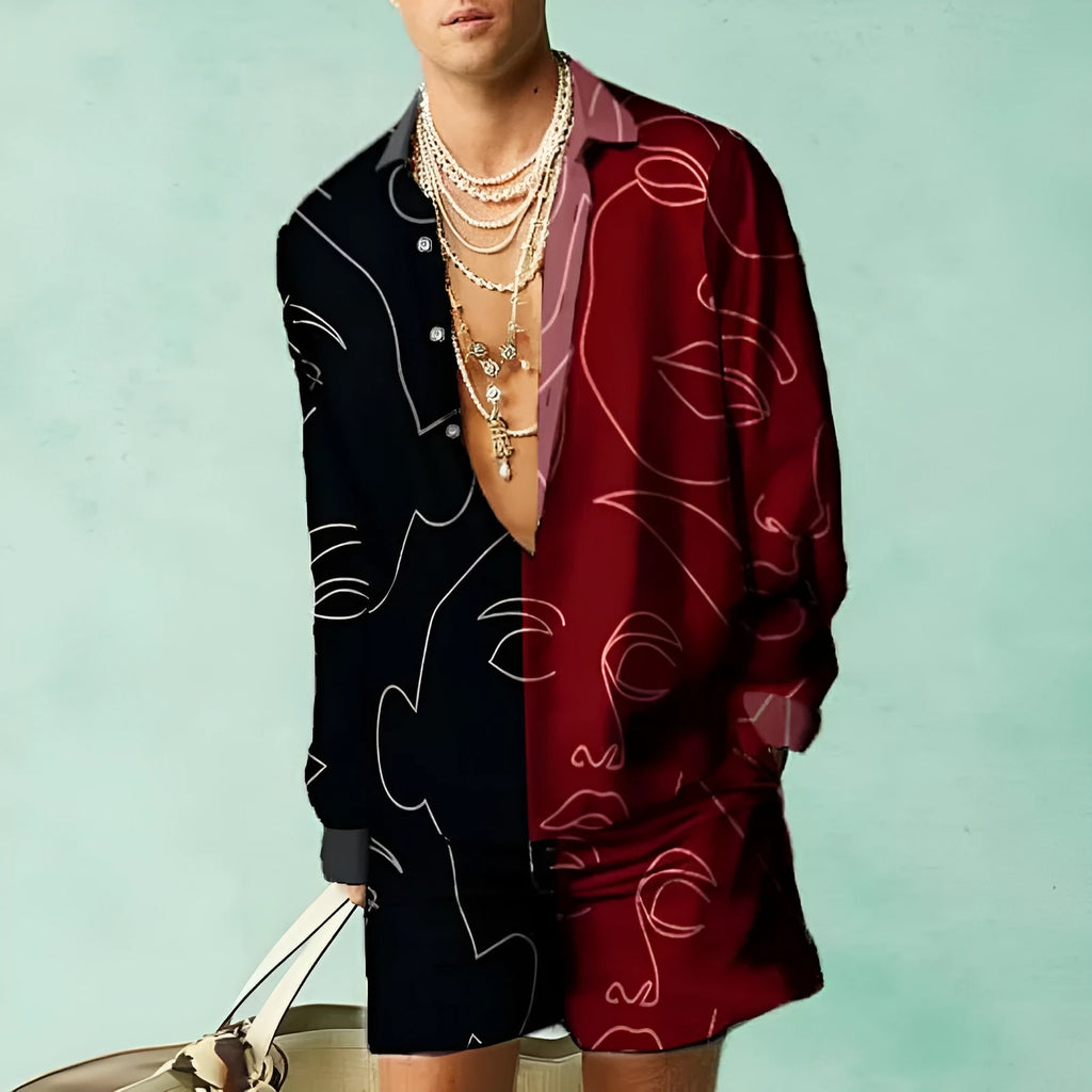 Men's casual summer shirt and shorts two-piece set in slim fit polyester