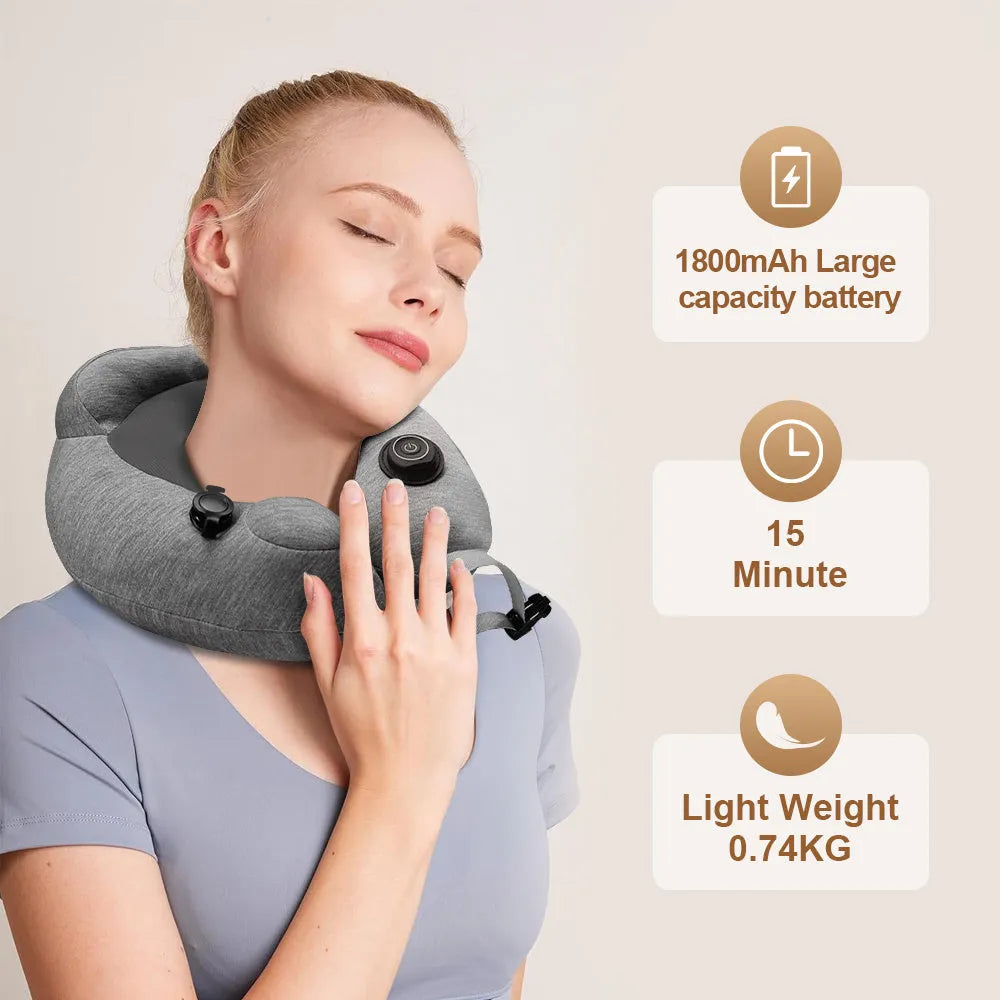 Gray inflatable U shape neck massager pillow with kneading massage modes and travel carry bag