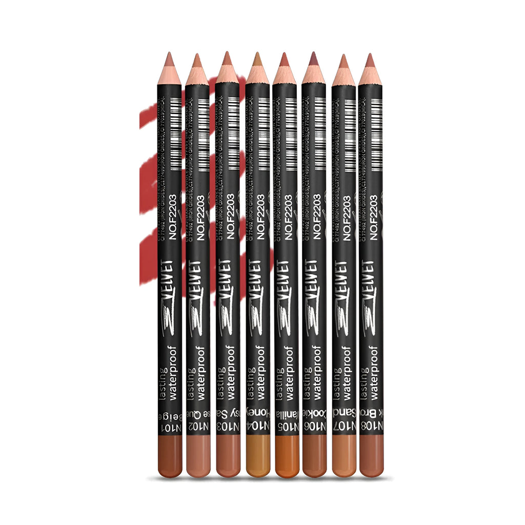 Matte wood lip liner pencil in a shade from the 201-214 colour range, shown sharpened to a point.