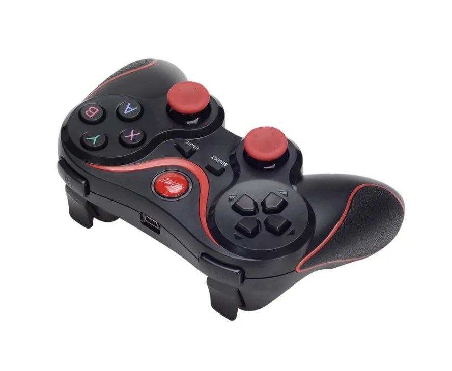 Upgraded X3 Bluetooth wireless game controller for Android phones, shown with optional mobile phone clip attached.