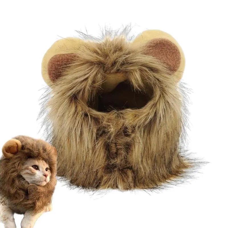 Grey lion mane wig with plush ears on a cat, showing adjustable elastic band.