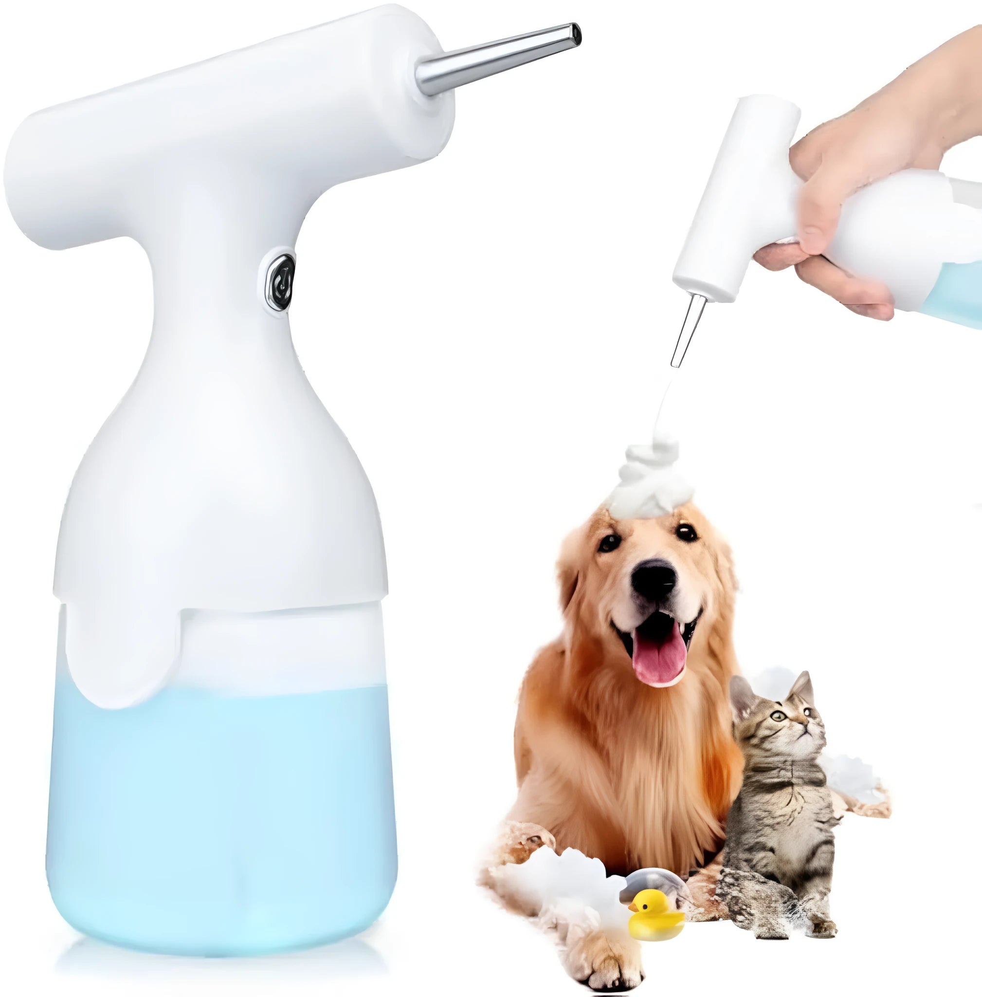 White electric foam soap dispenser with two nozzles and USB charging cable for pet bathing and household cleaning