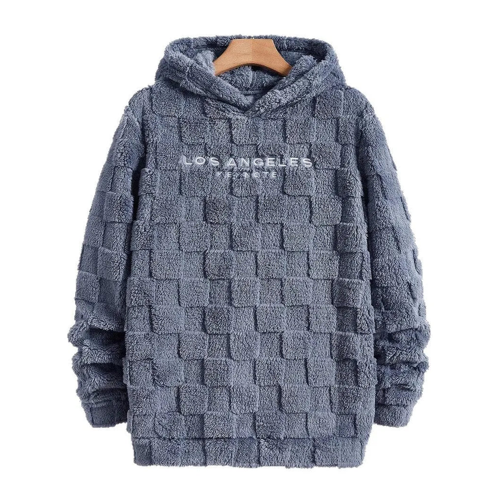 Men's hooded polar fleece thickening pullover sweater in beige, loose leisure sports style with long sleeves