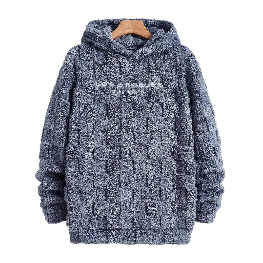 Men's hooded polar fleece thickening pullover sweater in beige, loose leisure sports style with long sleeves