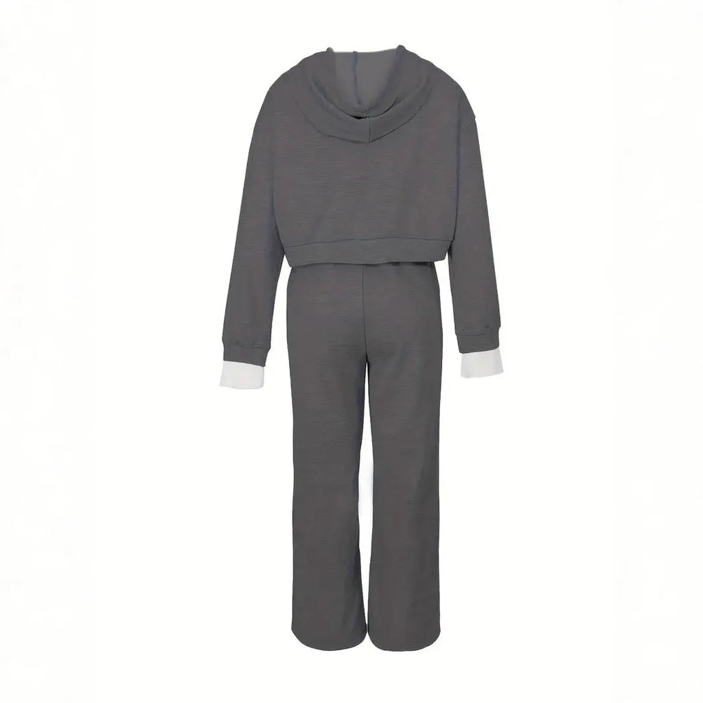 Women's casual hooded sweatshirt and jogger set in dark gray polyester
