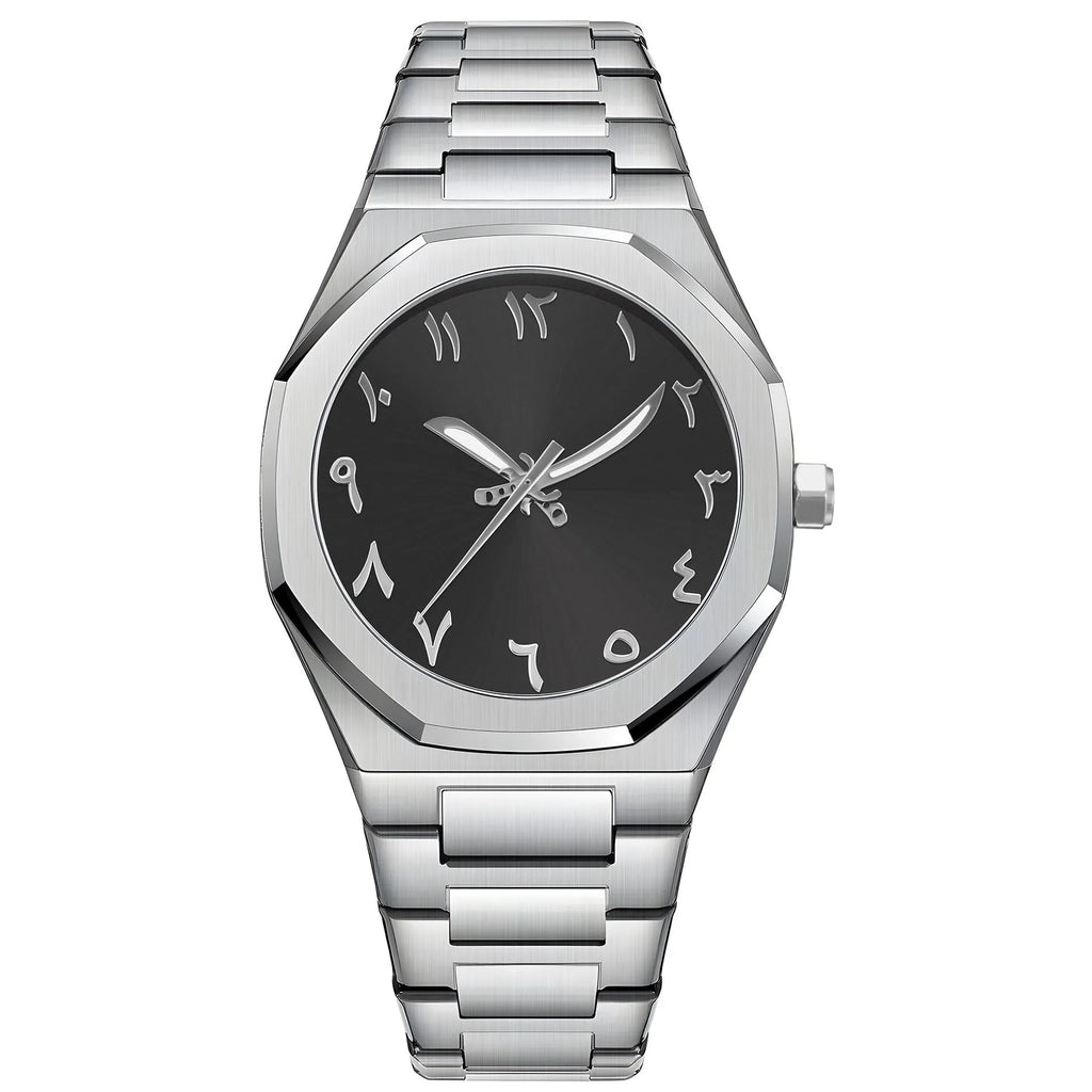 Men's business quartz watch with a steel bracelet and a black and silver dial on a wrist.
