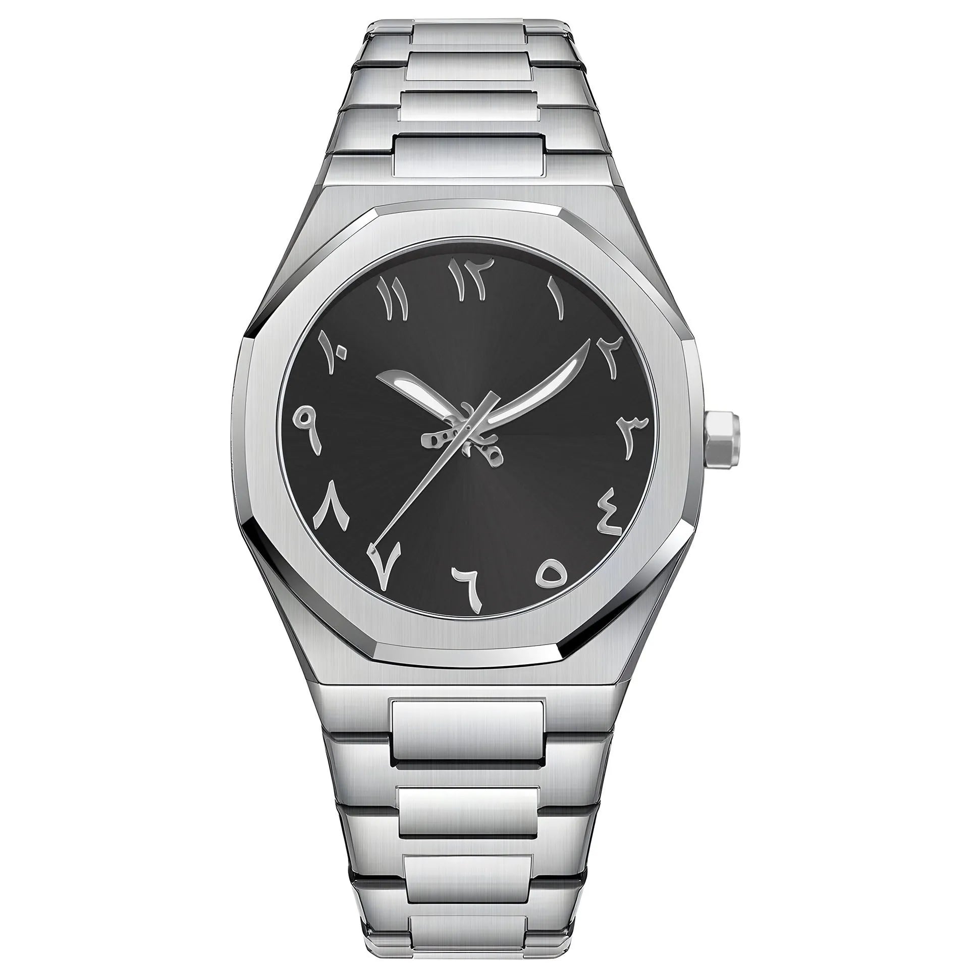 Men's business quartz watch with a steel bracelet and a black and silver dial on a wrist.