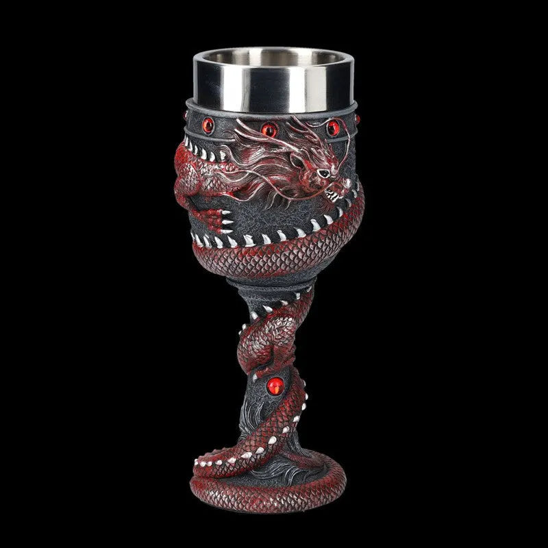 Red wine glass with Chinese dragon 3D design in stainless steel and resin, 200ml capacity