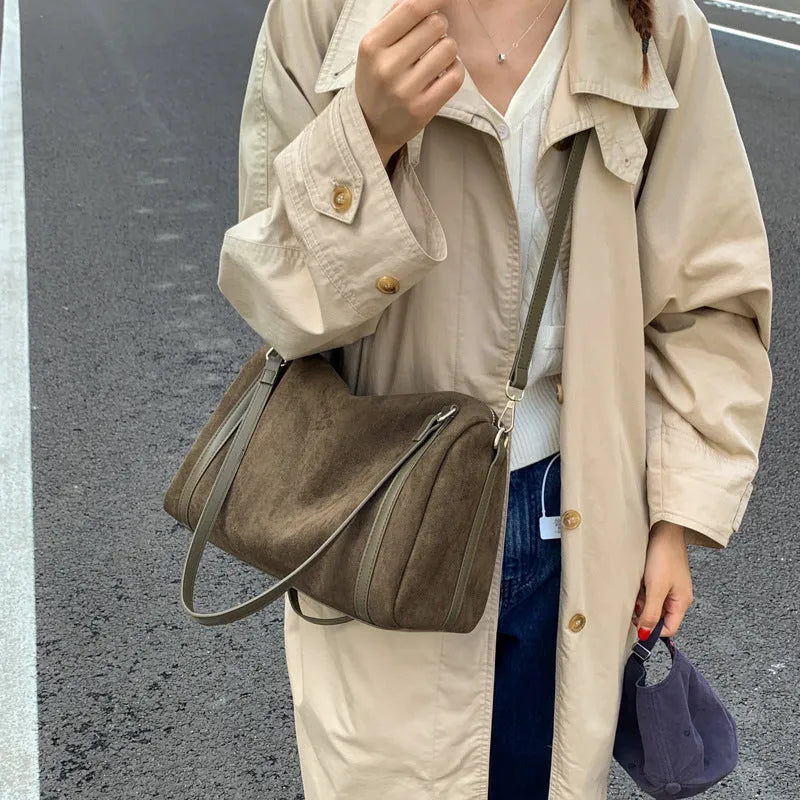 Women's suede crossbody bag in brown with large capacity and retro horizontal square shape