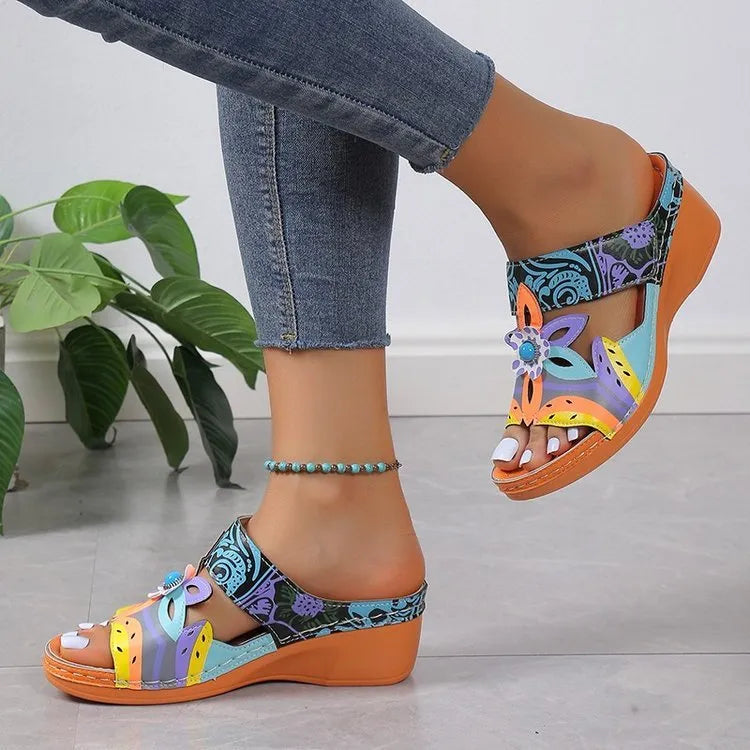 Women's ethnic pattern slope heel slippers in multiple colours with cowhide upper and rubber sole