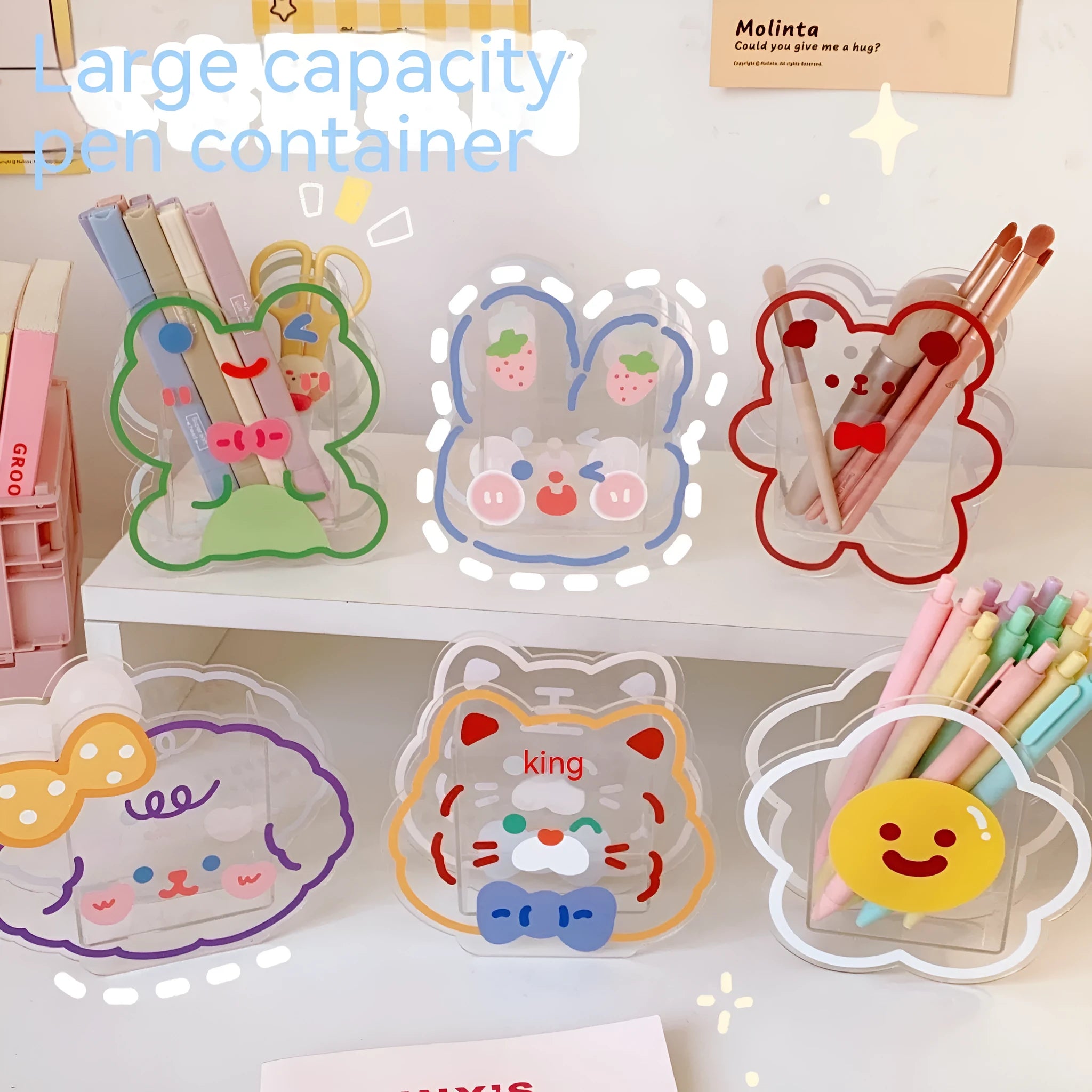 Square transparent acrylic storage box with cute cartoon design for desktop organisation of stationery and small items