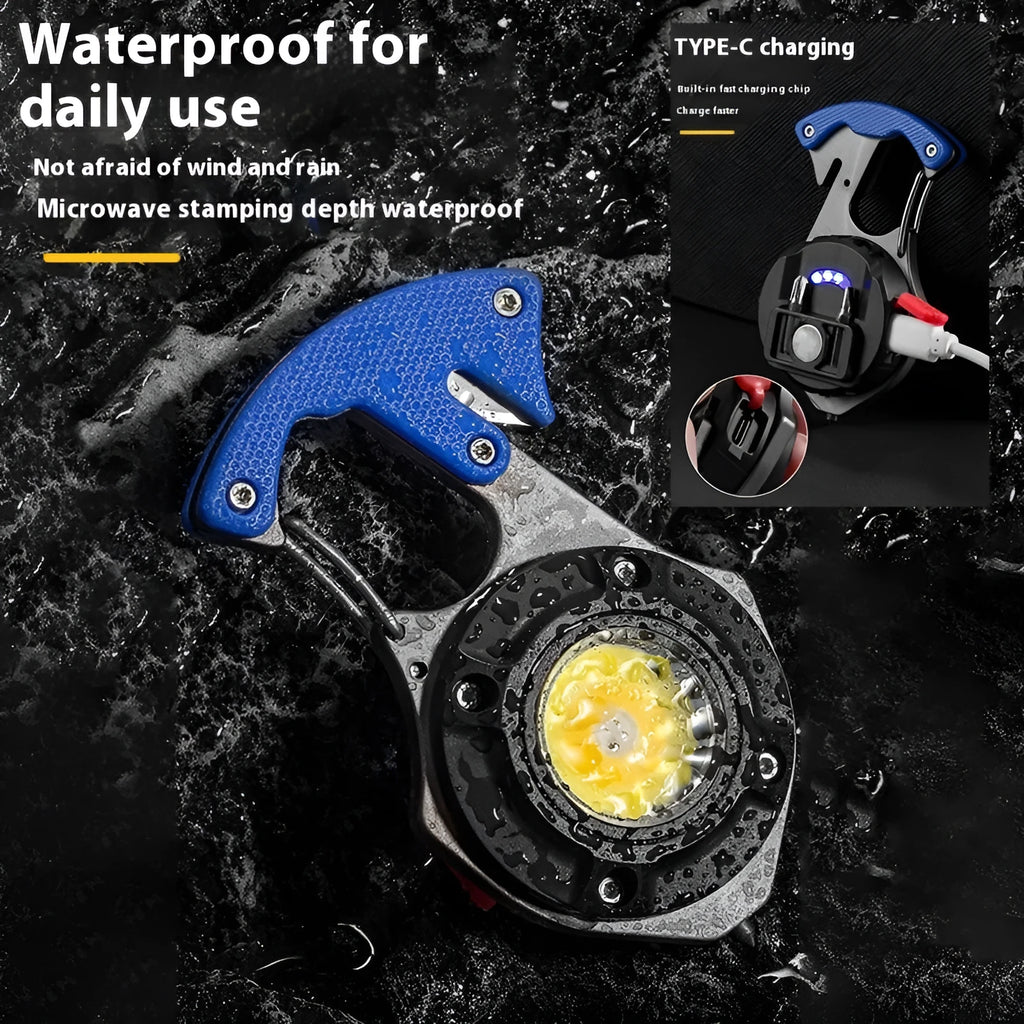 Compact multifunctional keychain flashlight showing light modes, window breaking hammer, screwdriver, and keyring attachment.