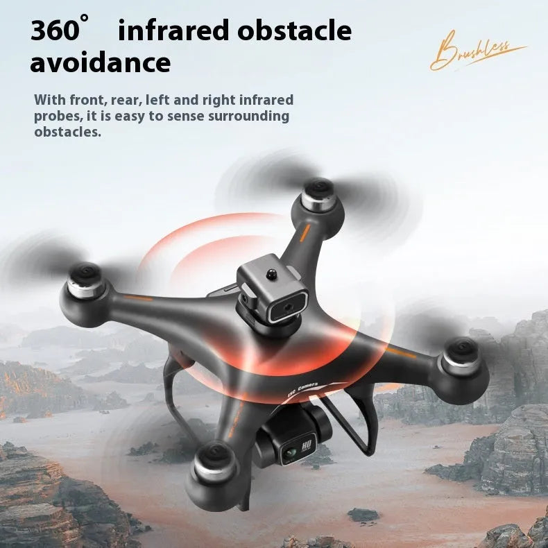 Black HD brushless UAV drone with four-side obstacle avoidance and camera, remote control transmitter beside it