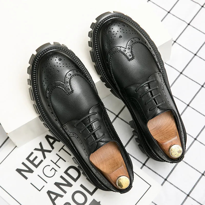 Men's black artificial PU brogue shoes with round toe on a white background.