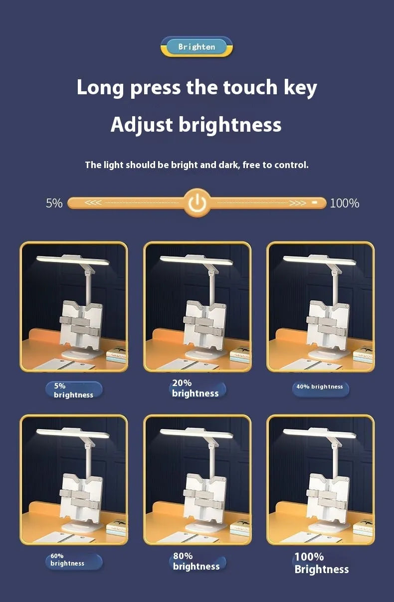 Multifunctional adjustable reading lamp on a bookshelf with charging cable