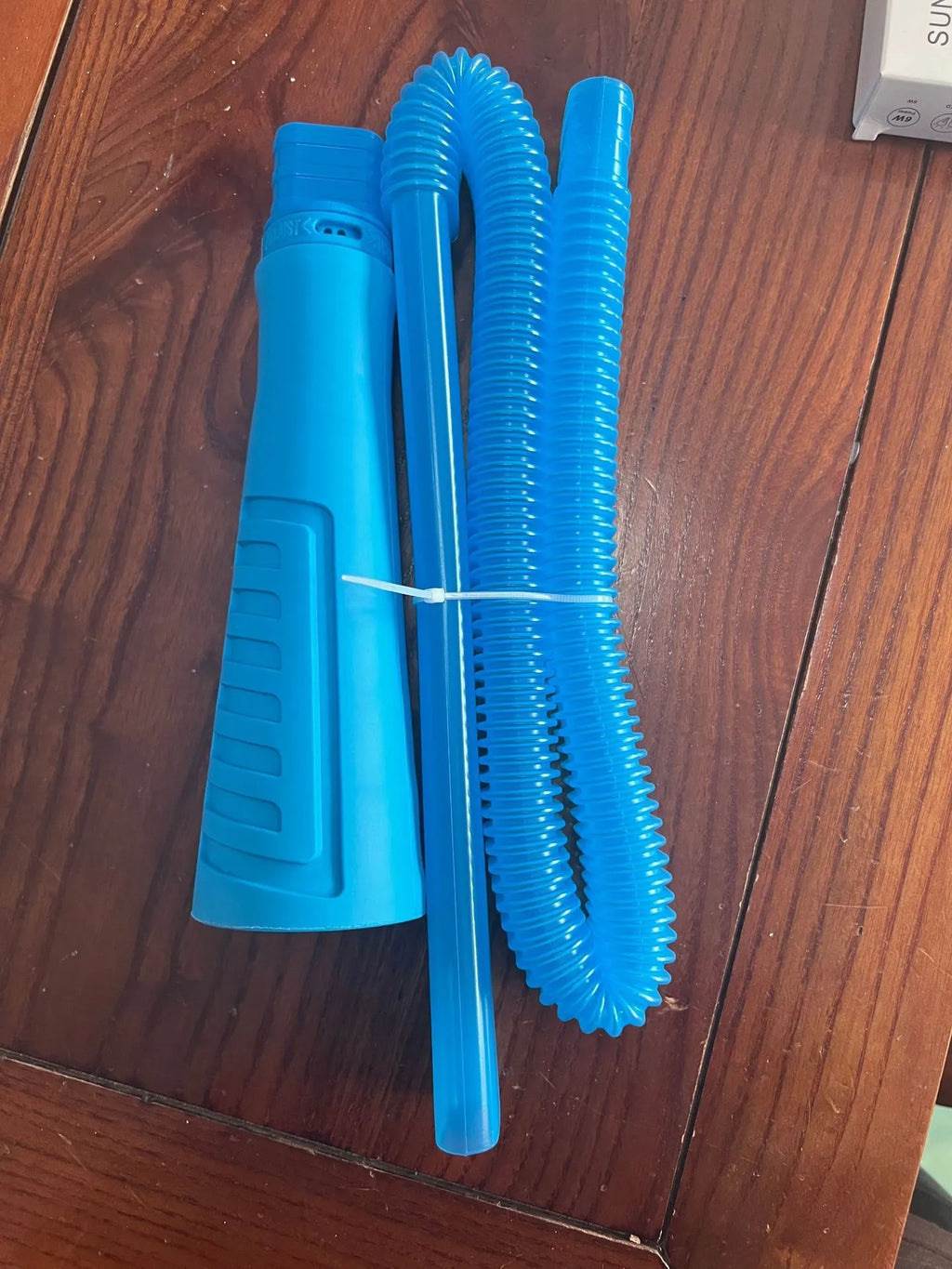 Blue and white plastic suction pipe cleaner with round head, 114 cm long, next to a pack of blue opp bags.