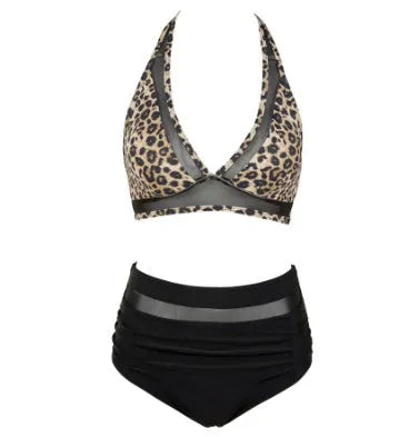 Women's black polyester fibre bikini swimsuit top and briefs on a mannequin.