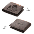 Coffee coloured engraved PU men's wallet showing custom photo and text personalisation.