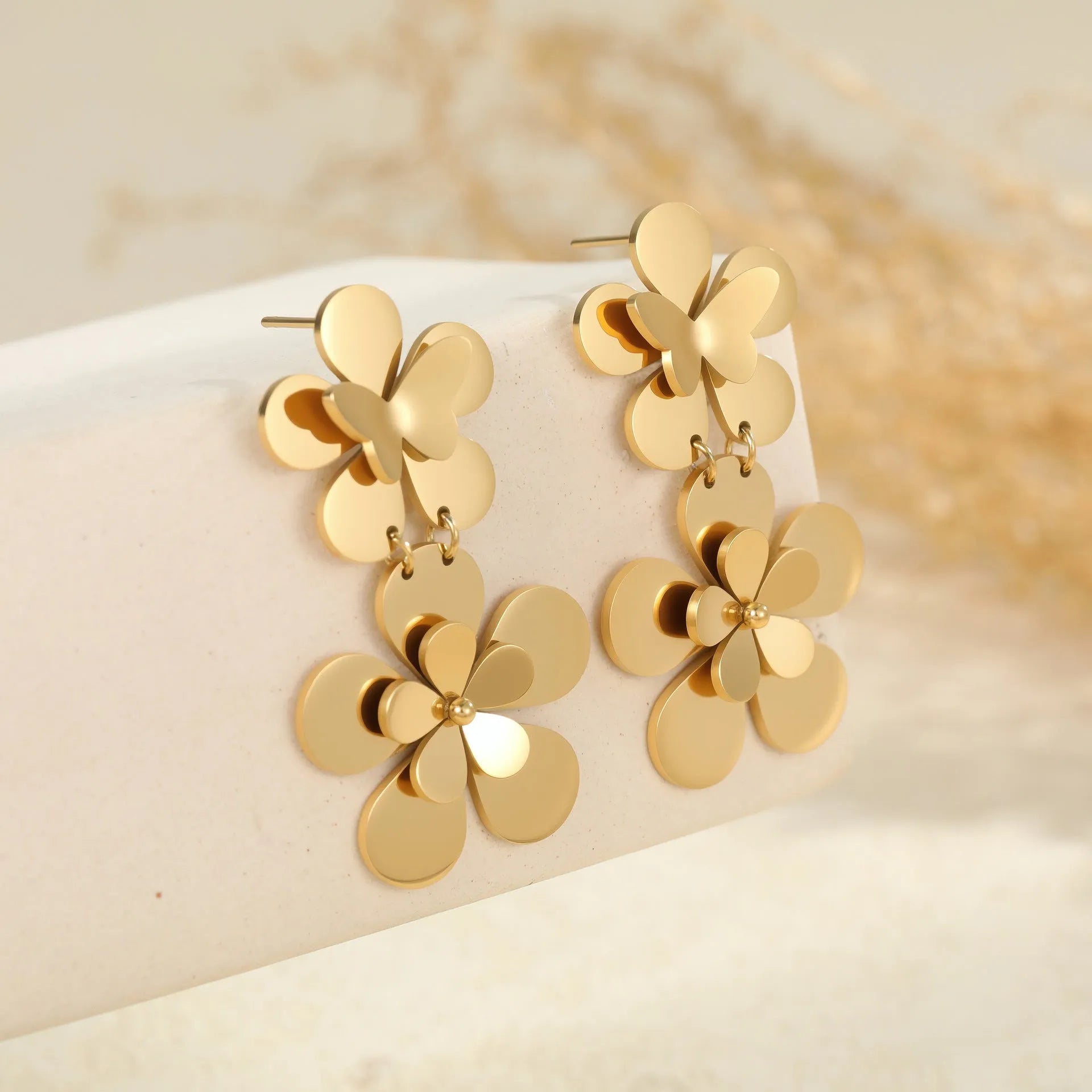 Gold electroplated stainless steel flower butterfly earrings for women