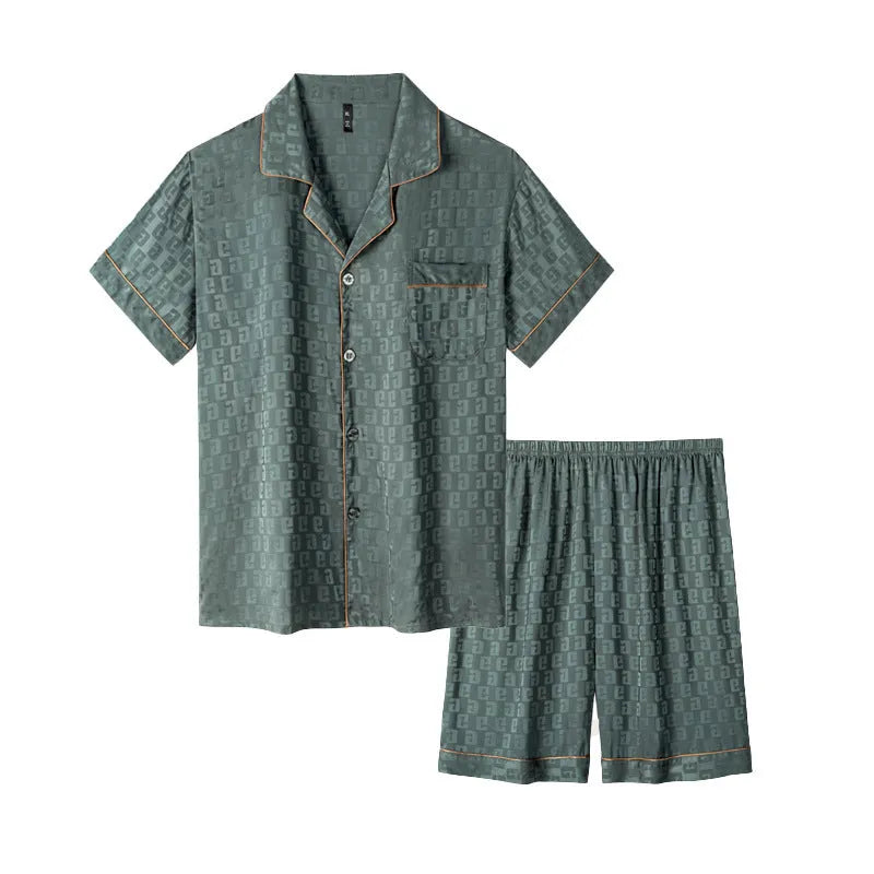 Men's ice silk summer pajama set with cardigan top and short trousers in polyester fabric