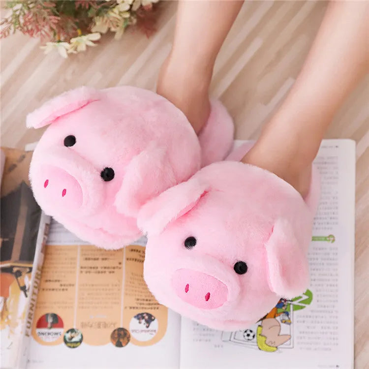 Pink women's pig floor slippers with PP cotton filling and short plush fabric