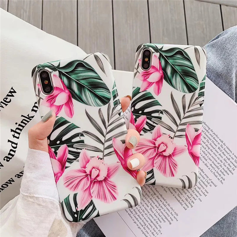 Pink floral pattern TPU iPhone case showing flower design on back cover for multiple iPhone models