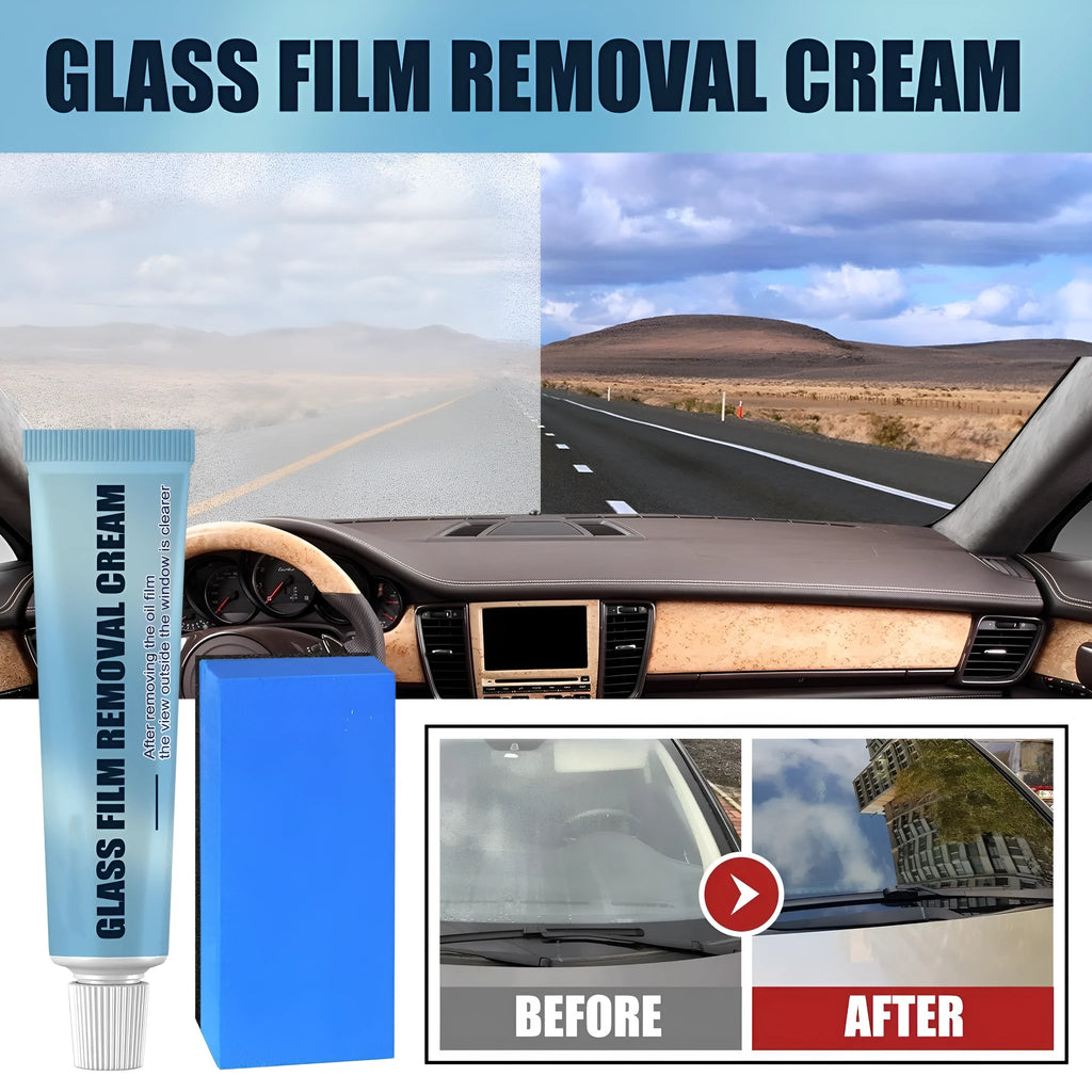 Blue car glass oil film remover tube and soft sponge applicator on a white background.