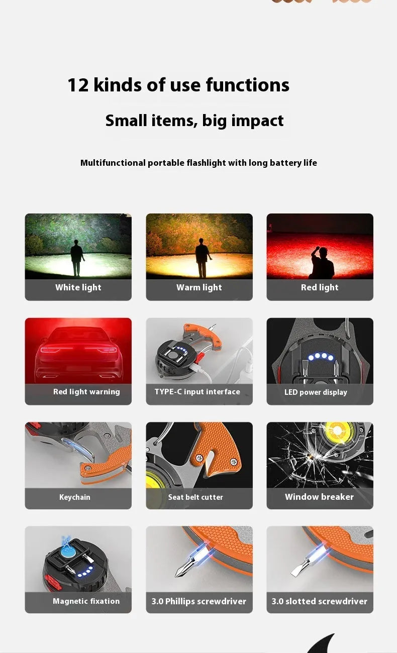 Compact multifunctional keychain flashlight showing light modes, window breaking hammer, screwdriver, and keyring attachment.